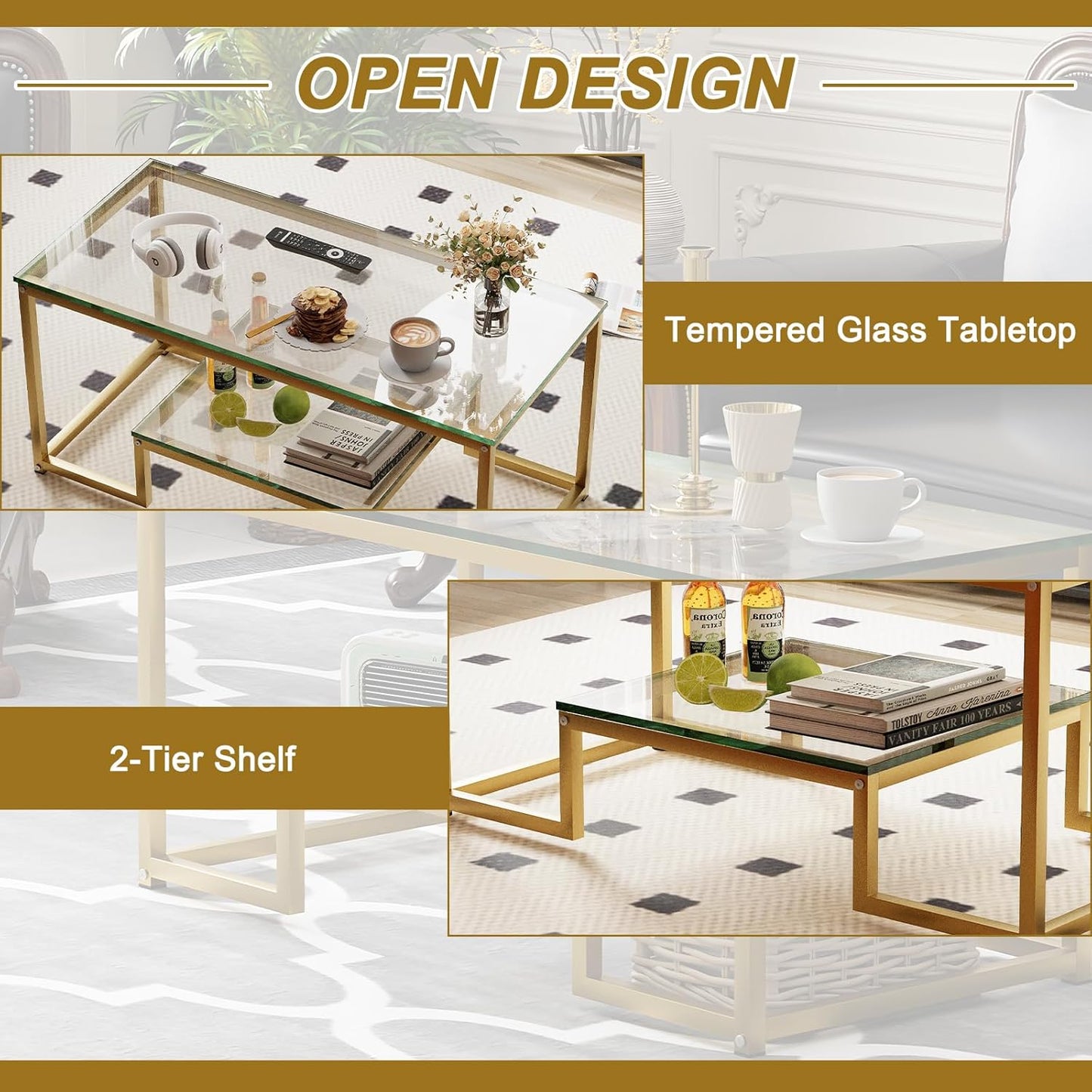 Coffee Table Gold Glass Coffee Table for Living Room,2 Tiers Rectangle Center Table with Sturdy Metal Frame,Modern Tempered Glass Accent Table for Bedroom Home Office