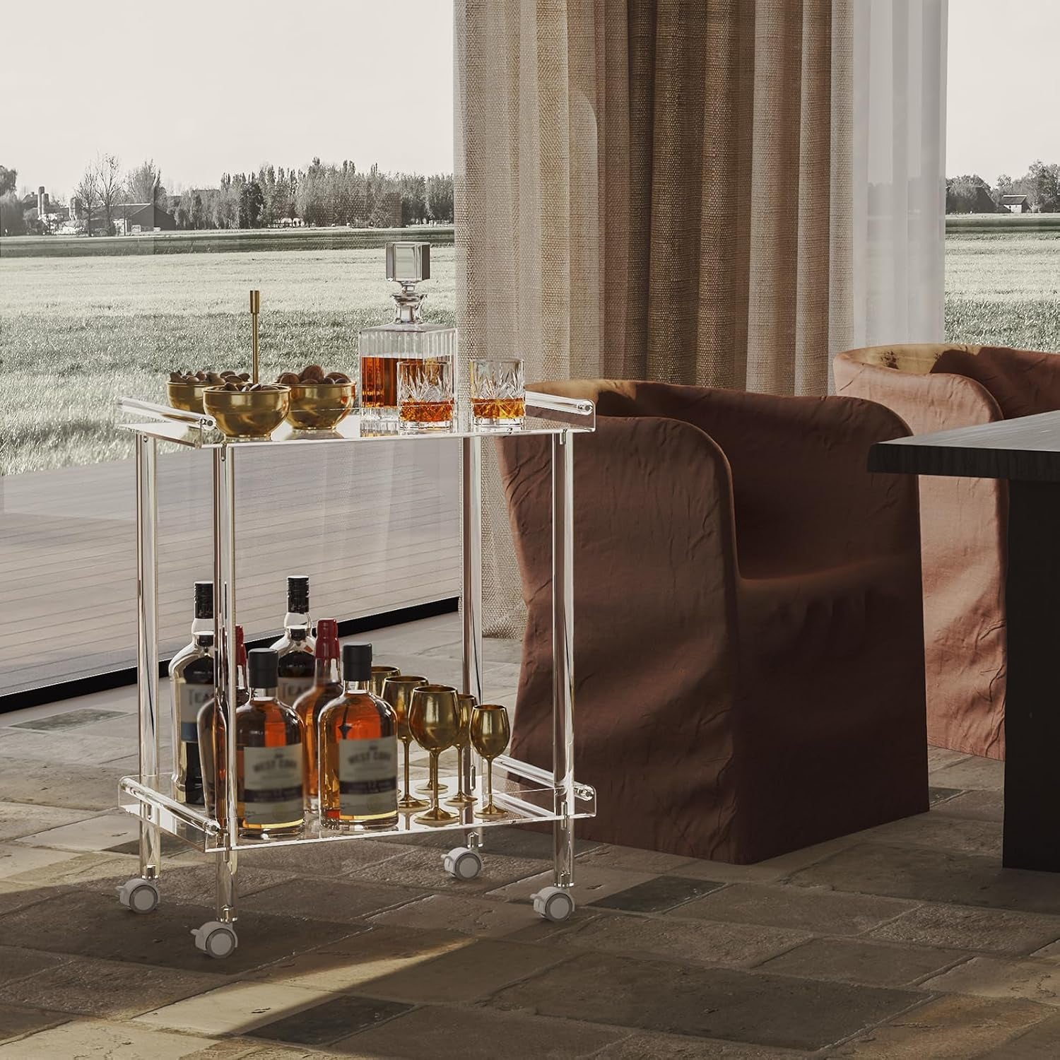 Acrylic Bar Cart, Rolling Serving Cart with 4 Lockable Wheels for the Home Bar, Kitchen, Living Room, Modern, 2-Tier, 23.6" L X 15" W X 30" H, Clear