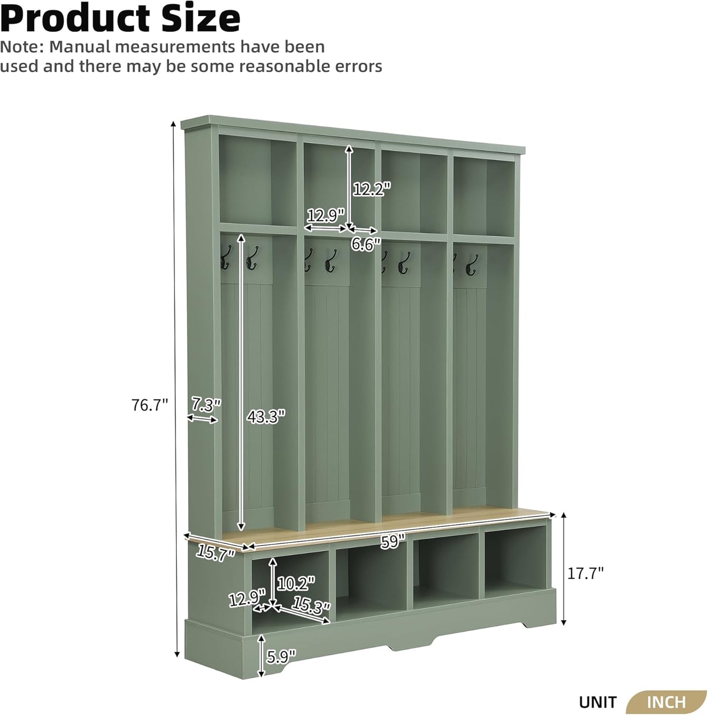 Farmhouse Hall Tree with 8 Hooks,Entryway Cabinet W/Bench,Multi-Functional Coat Rack W/4 Storage Unit and 4 Shoe Cabinet,Entryway Cabinets for Hallway,Living Room,Mudroom,Green