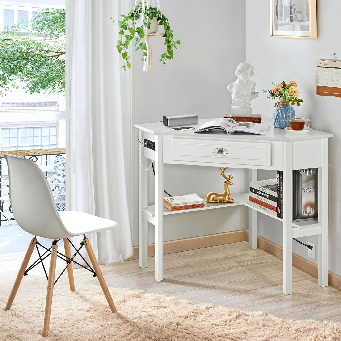 L Shaped Corner Computer Desk with Power Outlets, Reversible Triangle Workstation with USB Ports and Hook for Small Space, Modern Home Office Desk Gaming Table with Drawer & Shelf, White