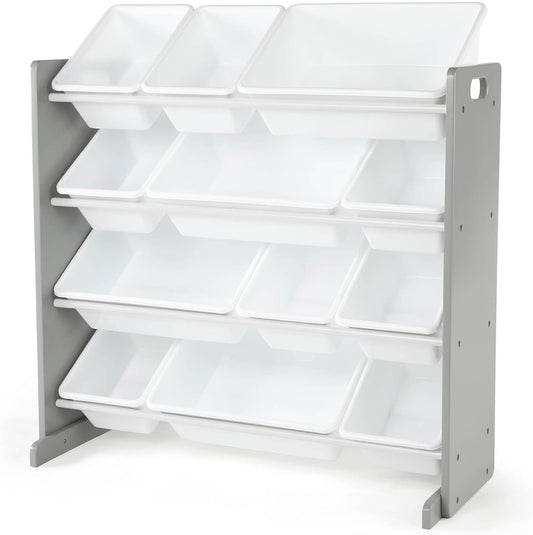 Kids Toy Storage Organizer with 12 Plastic Bins, Grey/White – Removable Bins for Playroom, Bedroom, Toddler Furniture for Boys and Girls Ages