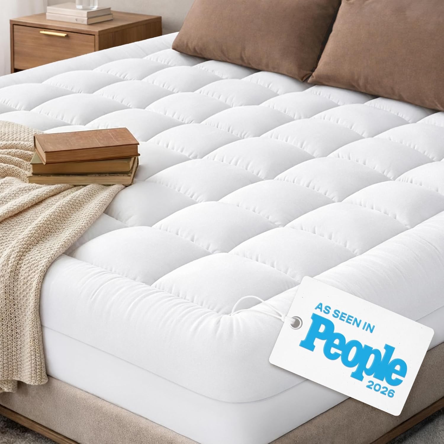 Cloud-Like Queen Mattress Topper - 100% Cotton Top Mattress Pad for Back Pain Relief - Breathable & Naturally Cooling for Hot Sleepers, White