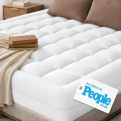 Cloud-Like Queen Mattress Topper - 100% Cotton Top Mattress Pad for Back Pain Relief - Breathable & Naturally Cooling for Hot Sleepers, White