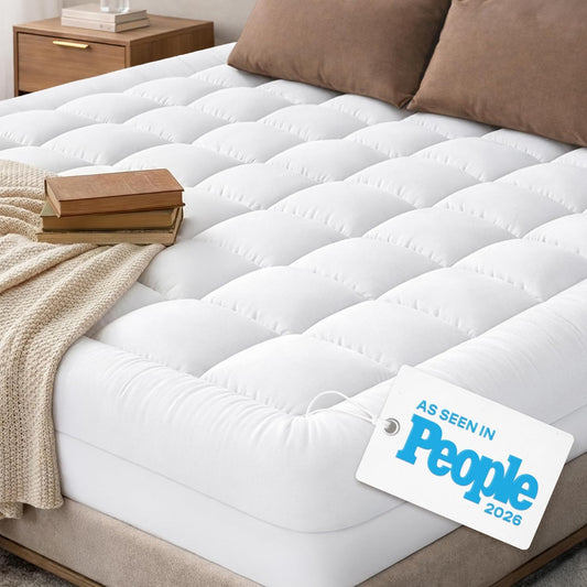 Cloud-Like Queen Mattress Topper - 100% Cotton Top Mattress Pad for Back Pain Relief - Breathable & Naturally Cooling for Hot Sleepers, White