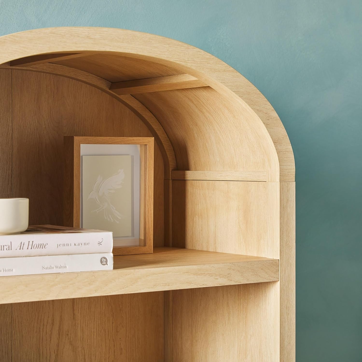 Chantelle Modern Arched Bookcase with Statement Wood Cabinet Pulls - Coastal Oak
