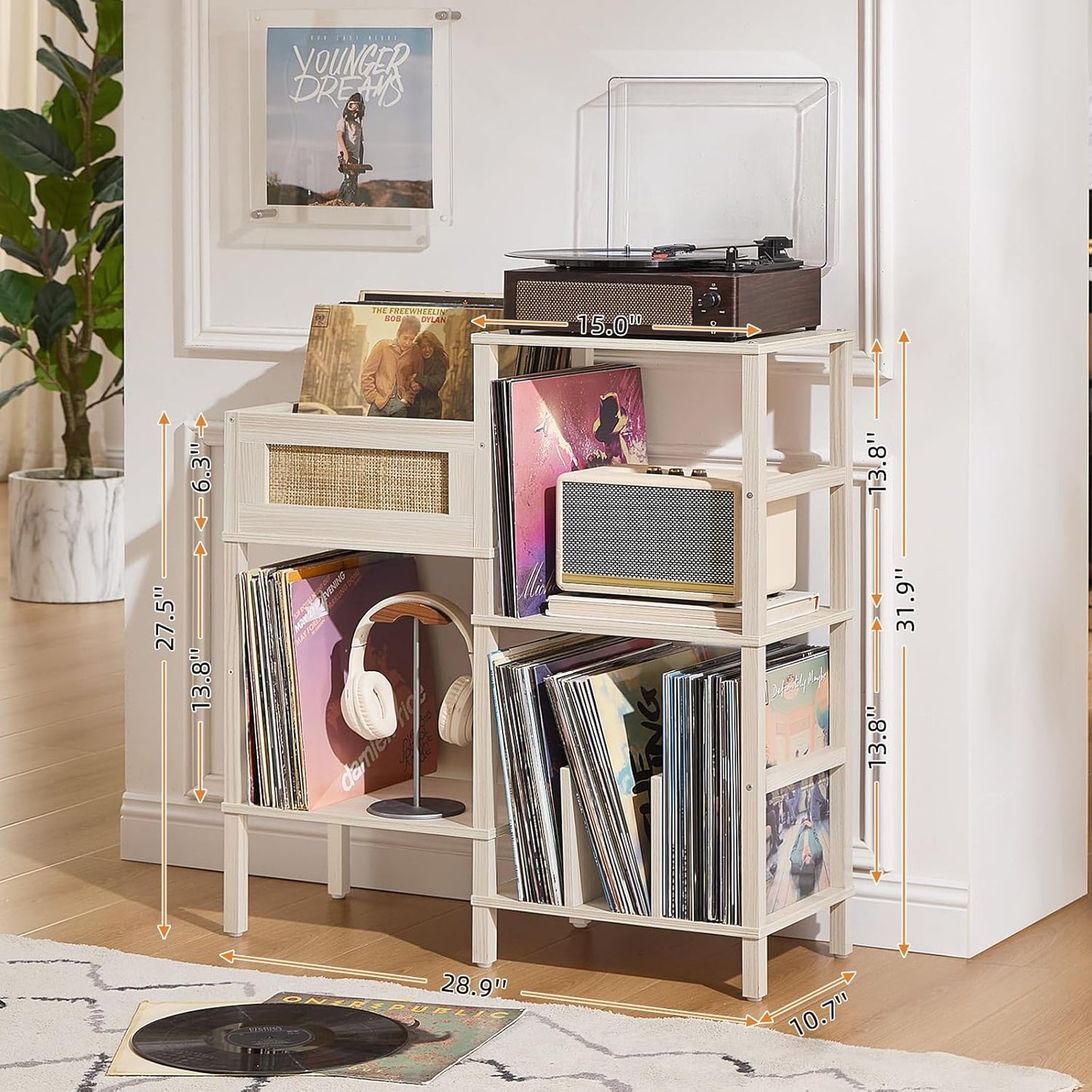 Record Player Stand, White Cream Oak Wood Record Holder with Vinyl Storage Holds up to 300+ Albums, 3-Tier Rattan Media Table with Vinyl Display Shelf, Record Storage Cabinet for Living Room