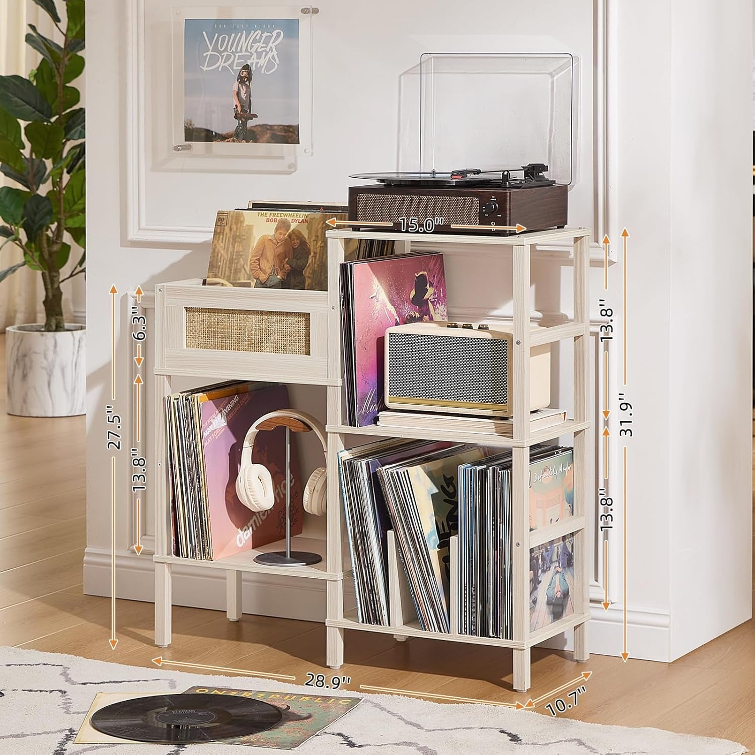 Record Player Stand, White Cream Oak Wood Record Holder with Vinyl Storage Holds up to 300+ Albums, 3-Tier Rattan Media Table with Vinyl Display Shelf, Record Storage Cabinet for Living Room