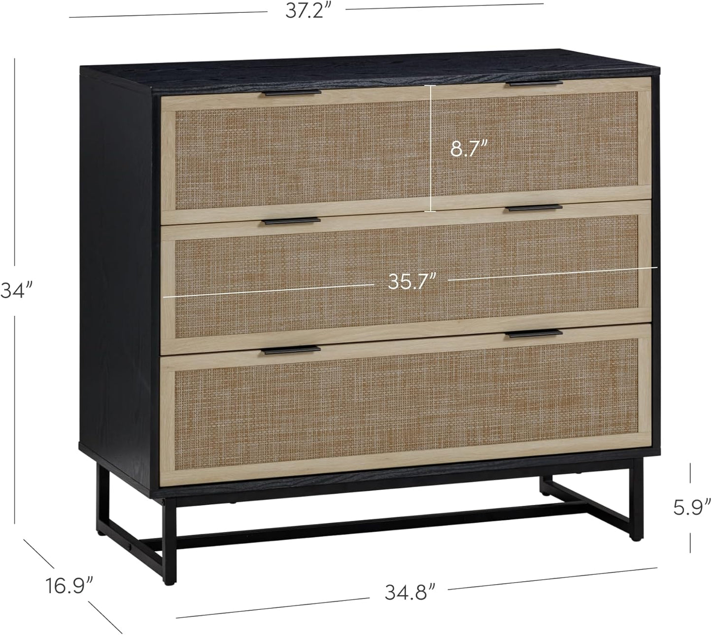 Kova Boho Dresser or Storage Cabinet with Drawers for Bedroom or Nursery with Textilene Rattan Accent and Metal Legs, Black Oak