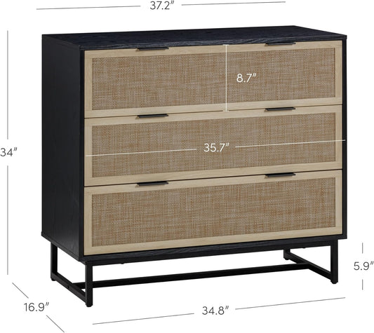 Kova Boho Dresser or Storage Cabinet with Drawers for Bedroom or Nursery with Textilene Rattan Accent and Metal Legs, Black Oak