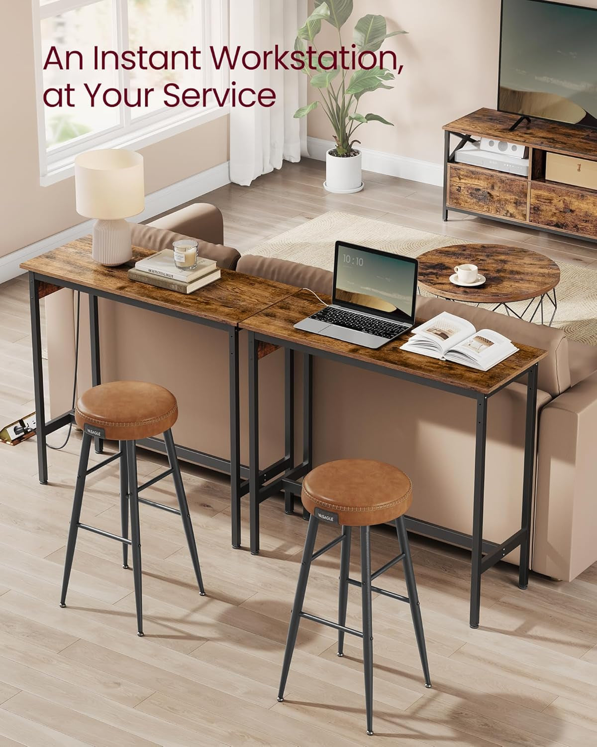 Bar Table, Narrow Long Kitchen Dining Table with Charging Station, Sturdy Metal Frame, Industrial, 15.7 X 39.4 X 35.4 Inches, Rustic Brown and Ink Black ULBT101K01
