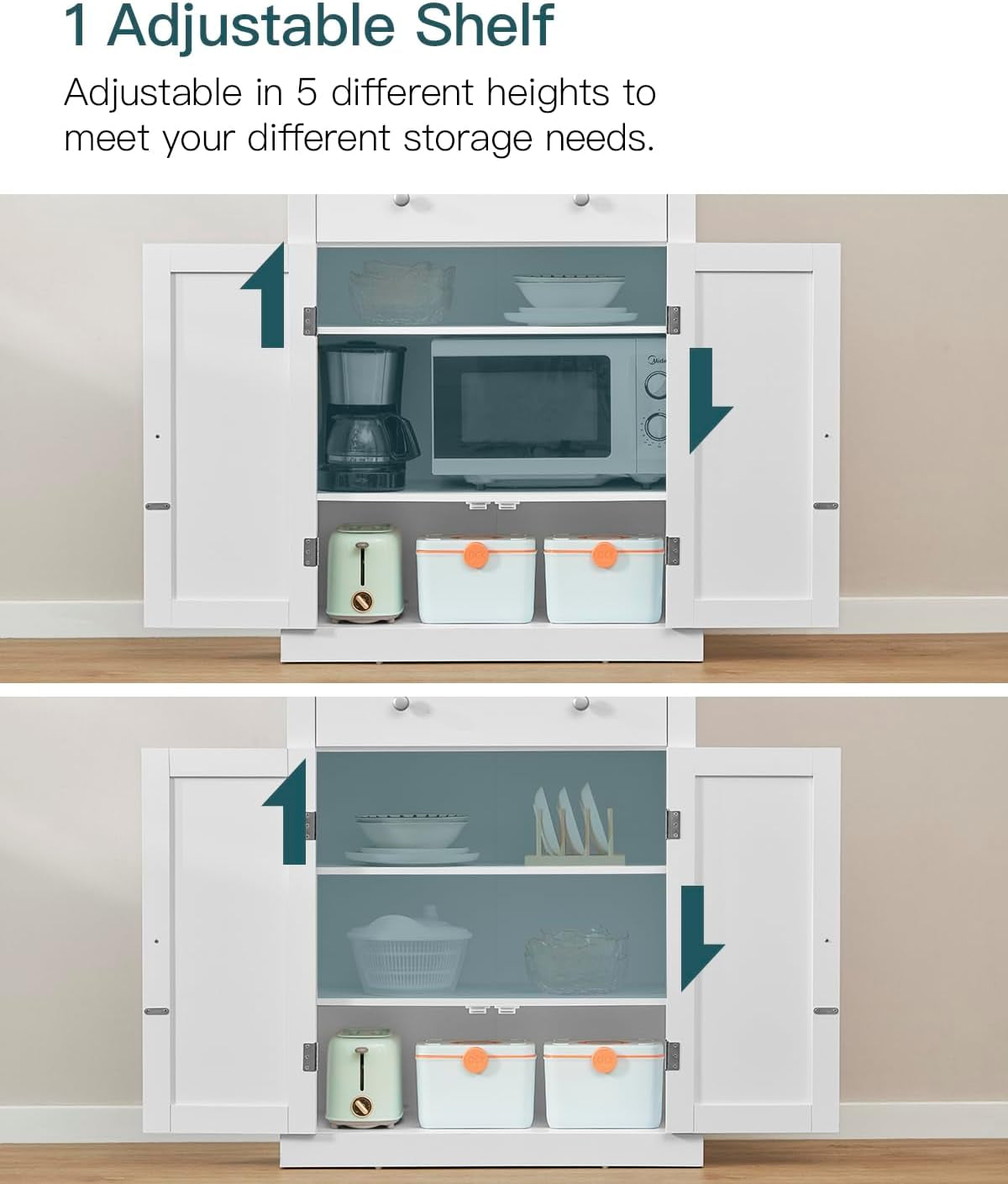 72” Pantry Cabinet, Tall Kitchen Storage Cabinet with 4 Doors and 1 Drawer, Cupboard with 6 Hanging Shelves and Adjustable Shelves for Kitchen, Dining Room, Living Room, White
