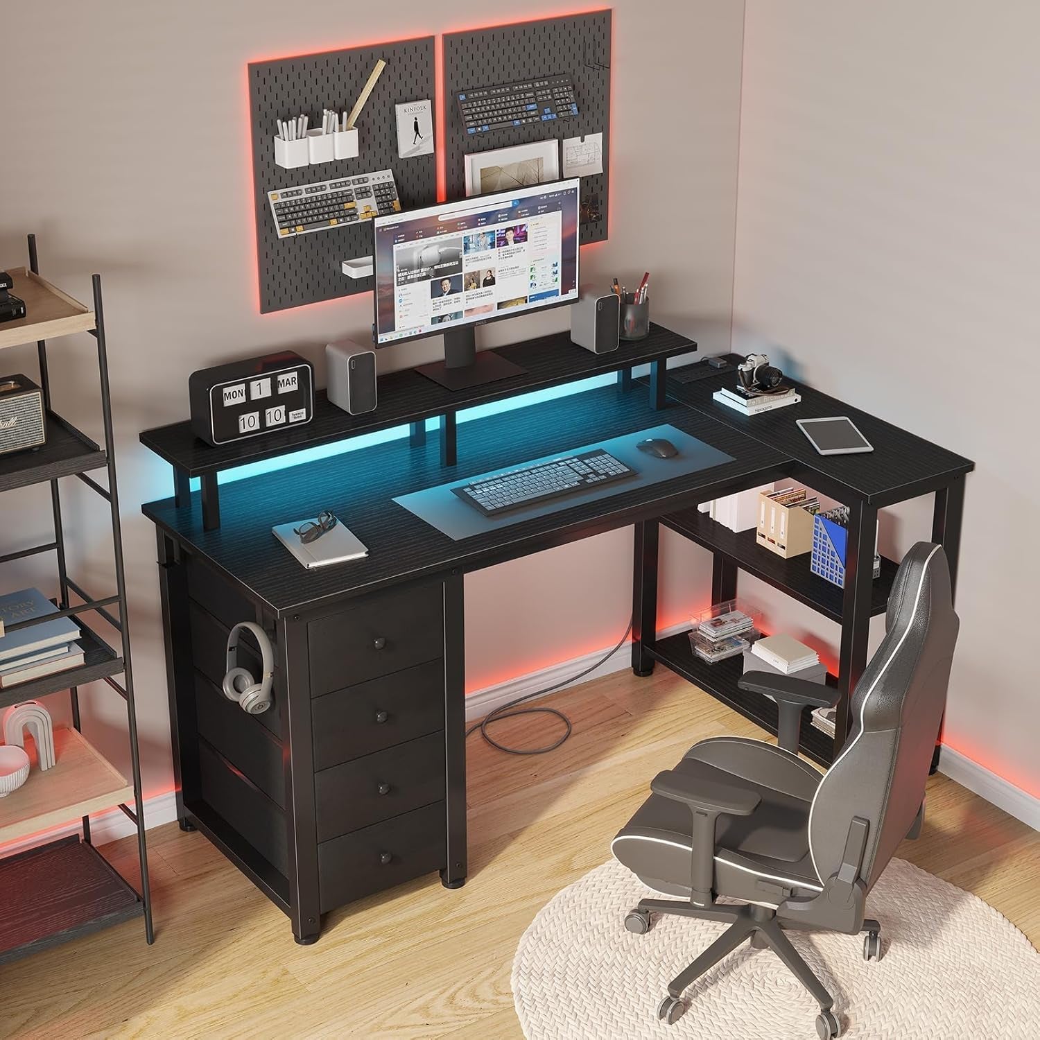 Black L Shaped Desk with Led Lights and Power Outlets, 47 Inch Writing Study Computer Gaming Desks with Fabric Drawers for Bedroom, Home Office Corner Desk with Monitor Stand Shelves, Black