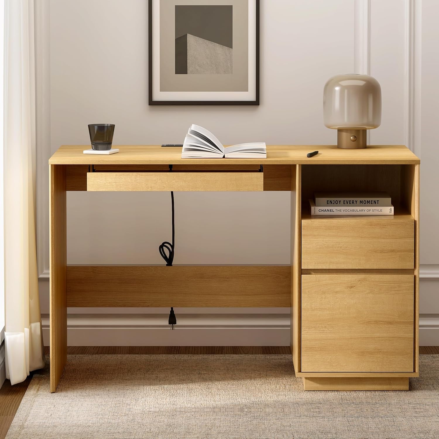 47" Executive Desk with File Drawer, Farmhouse Computer Desk with Charging Station and Open Storage Compartment Wooden Home Office Desk for Writing Study Working, Natural Oak