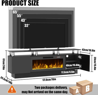 70" Modern Fireplace TV Stand with 36" Electric Fireplace for Tvs up to 80 Inch, Luxury LED Light Entertainment Center with High Gloss Cabinet, TV Consoles for Living Room, Black