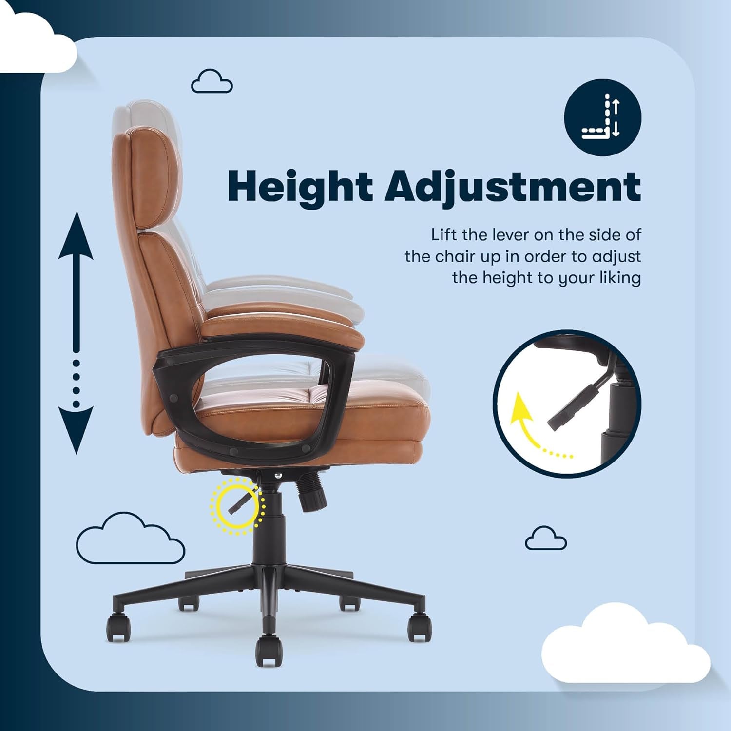 Comfort Executive Mid-Back Officechair, Semi Plush Cushion Seat, Padded Armrests, quality Foam, Metal Swivel Base, Ergonomic Computer Deskchair for Home or Office, Bonded Leather, Cognac