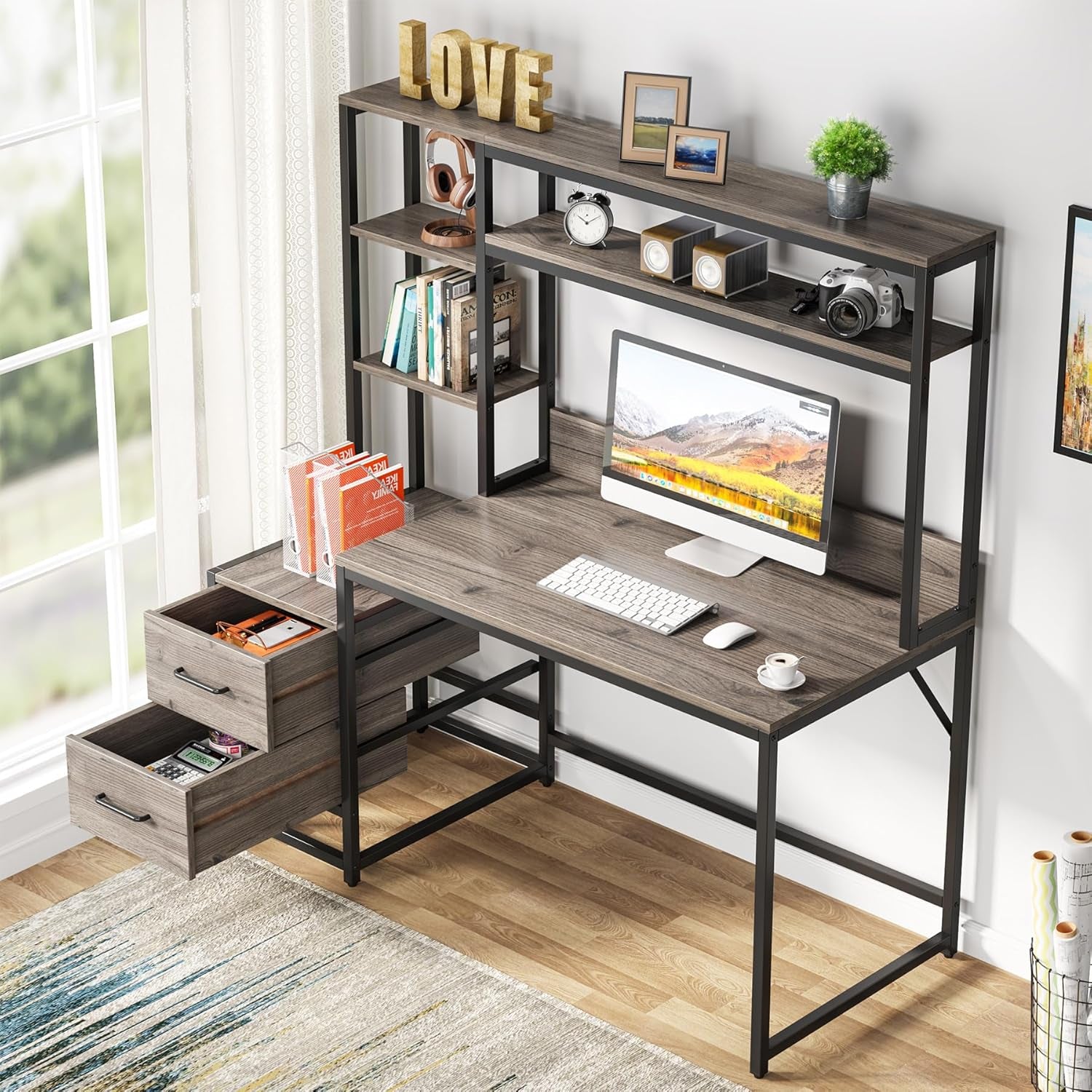 55 Inch Computer Desk with 2 Drawers and Storage Shelves, Rustic Office Desk with Hutch, Study Writing Gaming Table Laptop Workstation for Home Office (Grey)