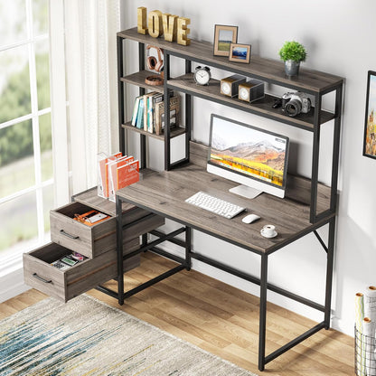 55 Inch Computer Desk with 2 Drawers and Storage Shelves, Rustic Office Desk with Hutch, Study Writing Gaming Table Laptop Workstation for Home Office (Grey)