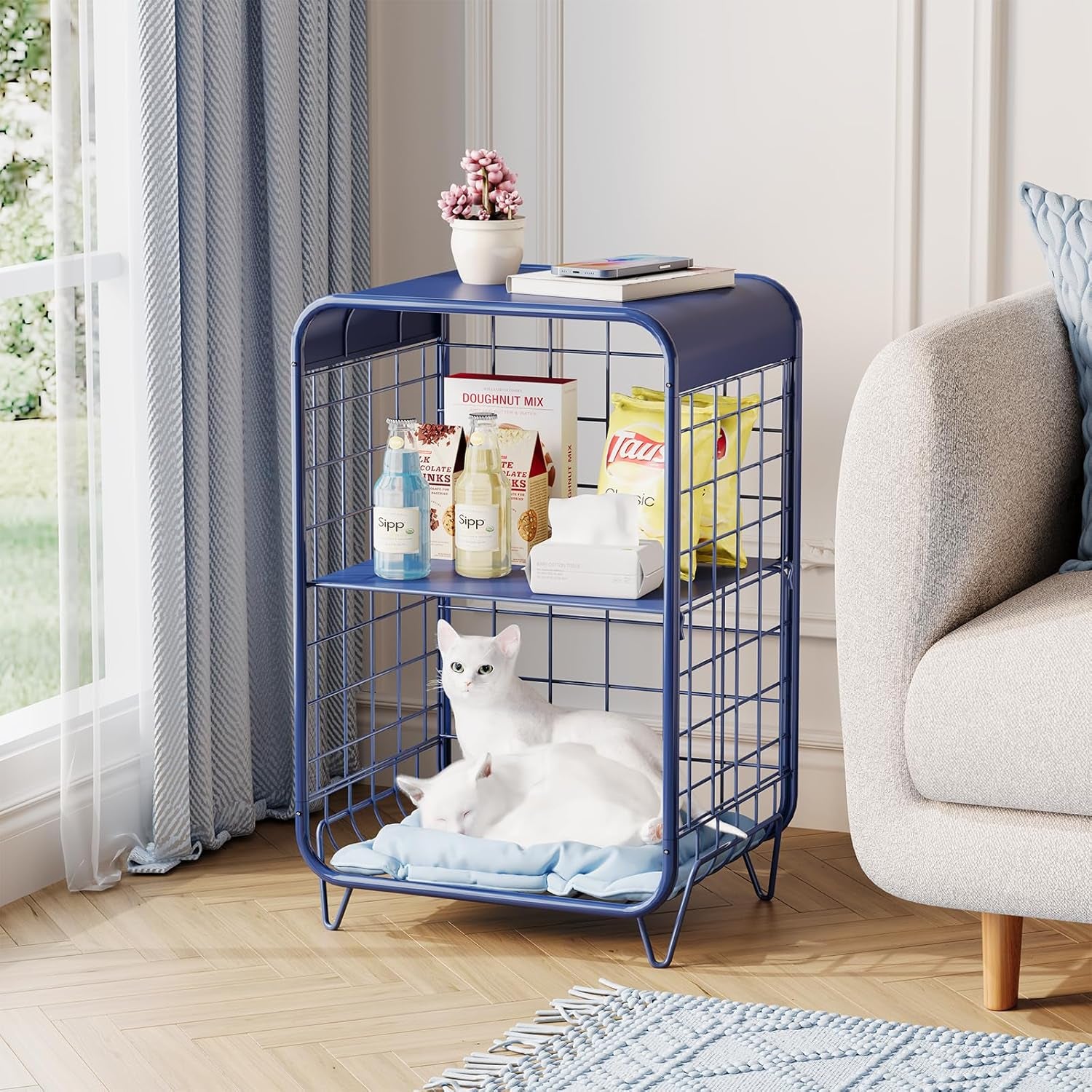 Cute Nightstand,Metal Side Table,3-Tier Modern End Table with Storage Shelf, Unique Side Tables, Cute Coffee Table for Living Room, Small Table for Bedroom,Navy Blue