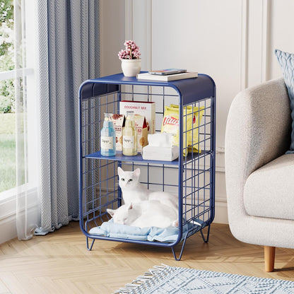 Cute Nightstand,Metal Side Table,3-Tier Modern End Table with Storage Shelf, Unique Side Tables, Cute Coffee Table for Living Room, Small Table for Bedroom,Navy Blue