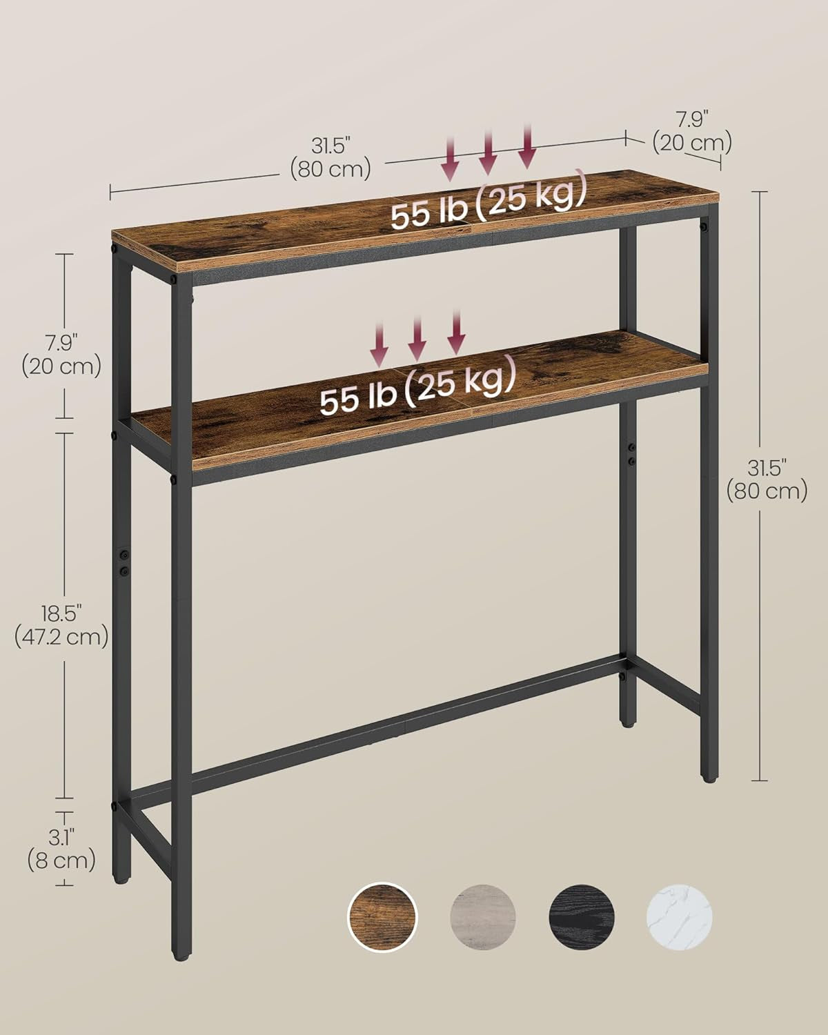 Console Table, 2-Tier Narrow Sofa Table with 2 Shelves, 7.9 X 31.5 X 31.5 Inches, for Living Room, Hallway, Entryway, Rustic Brown and Ink Black ULNT130K01V1