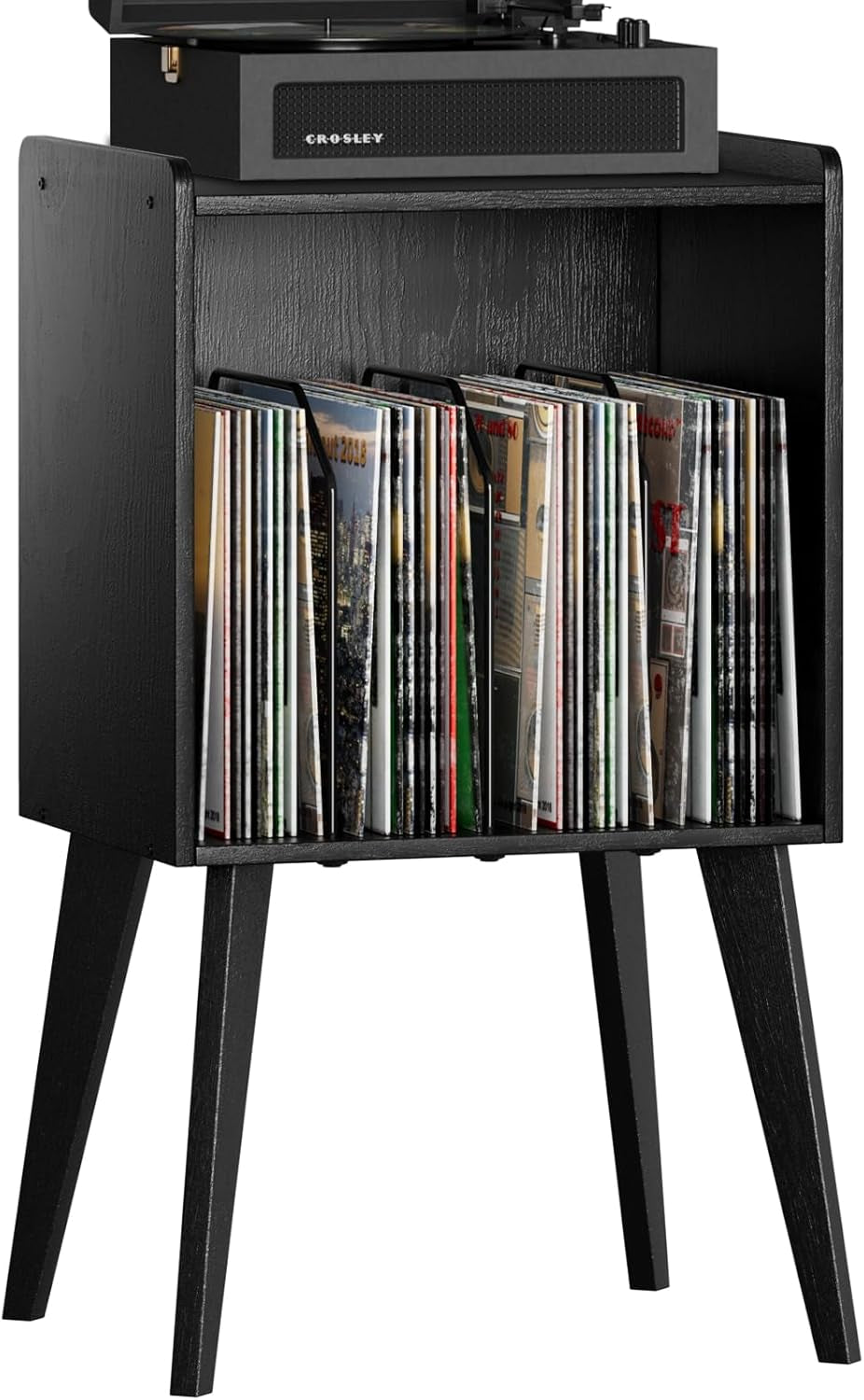 Record Player Stand – Mid-Century Vinyl Record Storage Stand Holds up to 160 Albums, Small Space Record Player Organizer Shelf with Wood Legs, Turntable Stand for Living Room, Bedroom