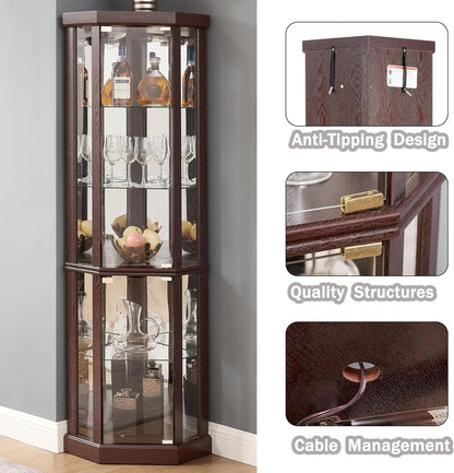 69" H Lighted Corner Curio Cabinet Display Case with Adjustable Shelves, Tempered Glass, Mirrored Back Panel for Living Room (Dark Cherry)