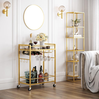 Bar Cart, Serving Cart for Home, Drink Cart, Mobile Kitchen Shelf with Wine Rack and Glass Holder, Rolling Beverage Cart, Gold BC01BB031