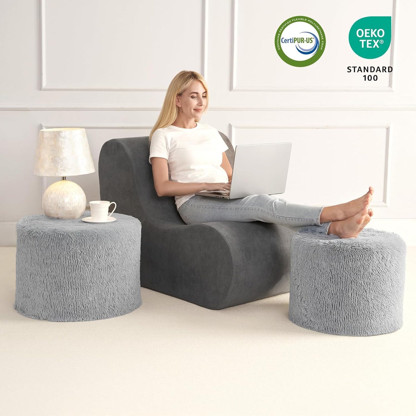 round Pouf Ottoman Foot Rest, 17 X 14 Small Faux Fur Stuffed Pouf for Chair, Foam Filled Foot Stools Ottomans for Living Room, Grey