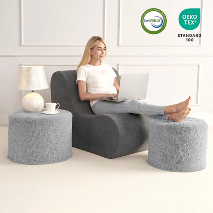 round Pouf Ottoman Foot Rest, 20 X 15 Small Faux Fur Stuffed Pouf for Chair, Foam Filled Foot Stools Ottomans for Living Room, Grey