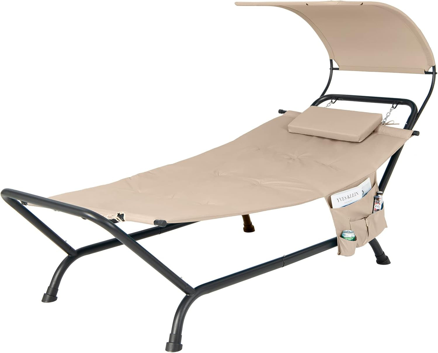 Hanging Hammock with Stand, Patio Hanging Chaise Lounge Chair W/Canopy, Cushion, Pillow & Storage Bag, Heavy Duty Swing Hammock Bed for Garden Lawn Backyard Patio Poolside Porch (Beige)