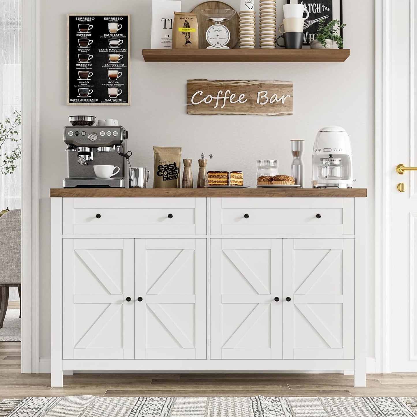 55" Buffet Sideboard Cabinet with Storage, Modern Farmhouse Coffee Bar with Drawers and Shelves, Barn Doors Storage Cabinet for Kitchen, Living Room, White