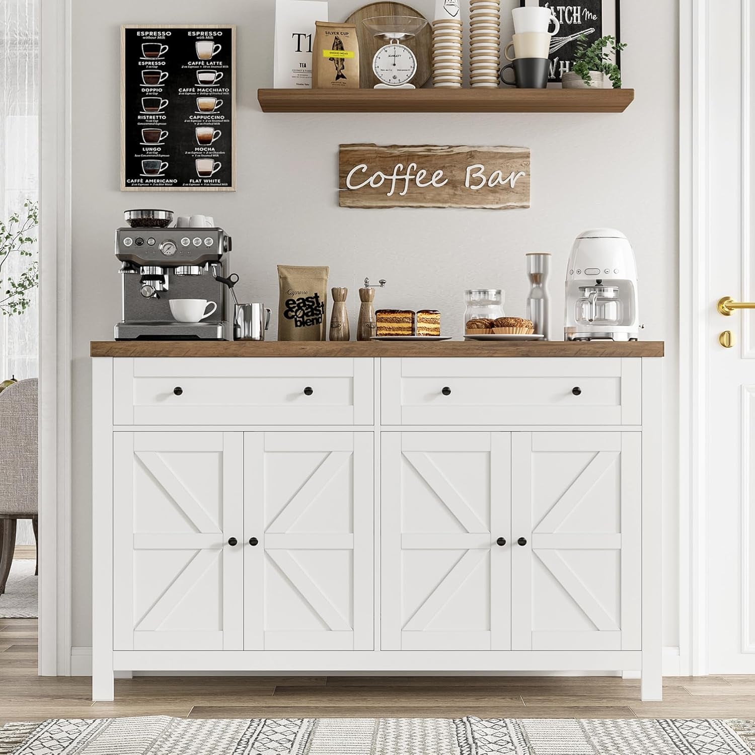 55" Buffet Sideboard Cabinet with Storage, Modern Farmhouse Coffee Bar with Drawers and Shelves, Barn Doors Storage Cabinet for Kitchen, Living Room, White