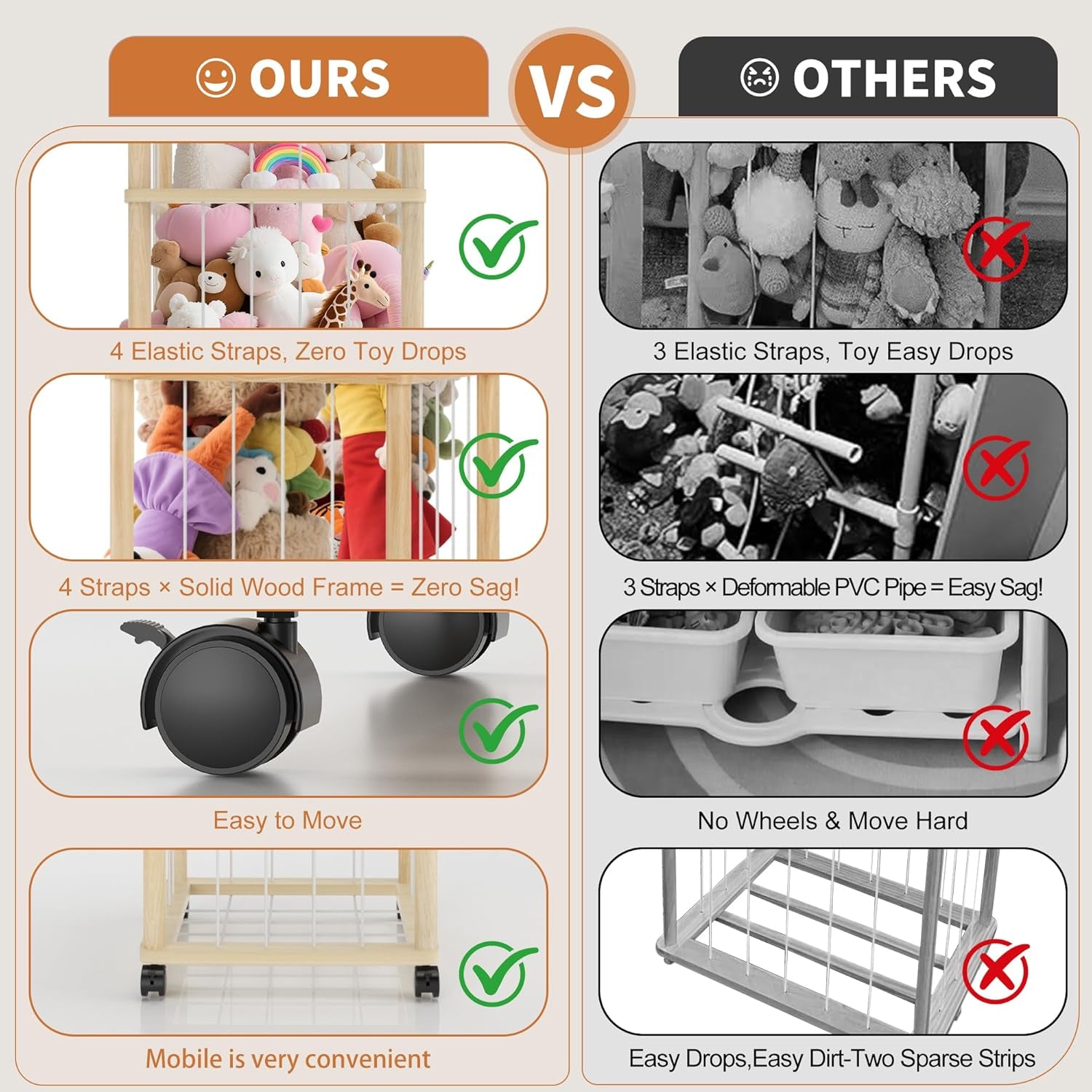 Stuffed Animal Storage Zoo Tower,56In Wooden Large Stuffed Animal Holder Organizer with Wheels,Stuffy Plushies Storage with Elastic Band&Mesh Bottom,Toy Storage Organizers for Playroom Bedroom Nursery