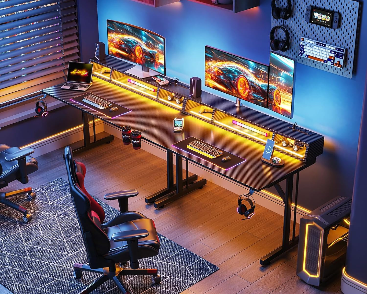 40 Inch Gaming Desk with LED Lights & Power Outlets, Small Computer Gaming Table with Float Monitor Stand, Kids Boys Desk with Carbon Fiber Texture