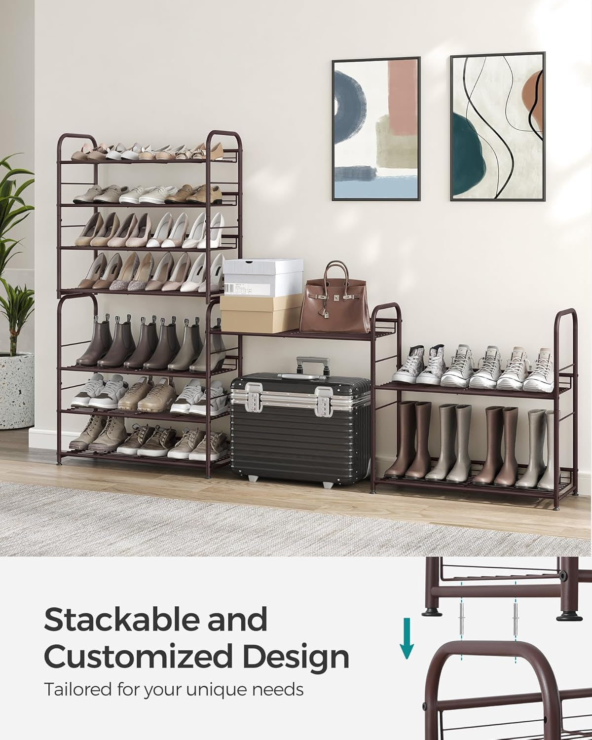 Stackable Shoe Rack, 4 Tier Metal Shoes Rack Storage Shelf, Holds up to 20 Pairs Shoes, Adjustable Slanted Shelves Tower Organizer for Closet Entryway Small Spaces, Bronze