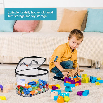 4 Pack Large Clear Storage Bags for Toys with Name Tag, Waterproof Duty PVC Toy Organizer Bag for Building Blocks, Board Games, Puzzles, Stationery and Other Small Items, Storage Bins(12.6X7.9×6.3 In)
