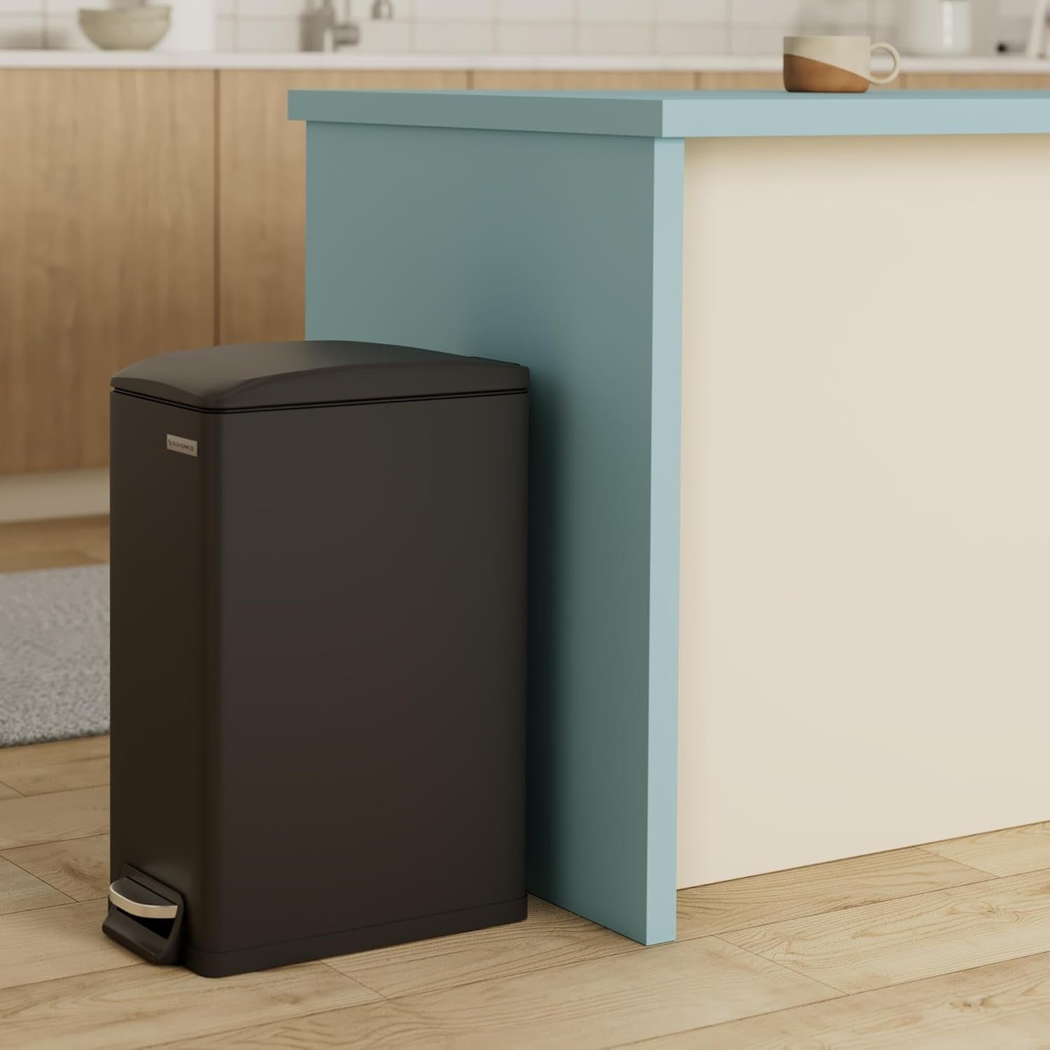 Slim Trash Can, 13-Gallon (50 L) Garbage Can for Narrow Spaces with Soft-Close Lid, Inner Bucket, and Step-On Pedal, Stainless Steel, 15 Trash Bags Included, Black ULTB510B48