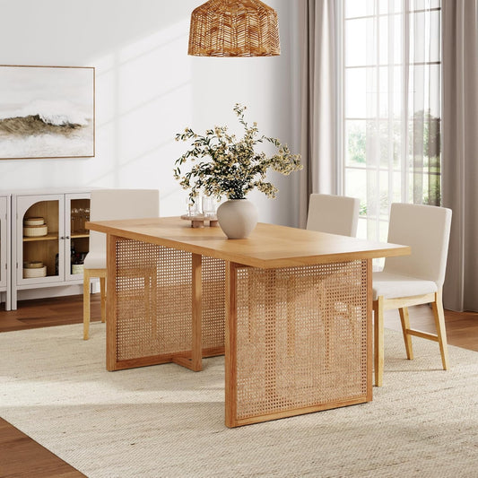 Willow Boho Dining Table for 6 with Solid Wood Legs, 6-Person Natural Wood Dining Table, Warm Pine or Brown with Bohemian Rattan Accent
