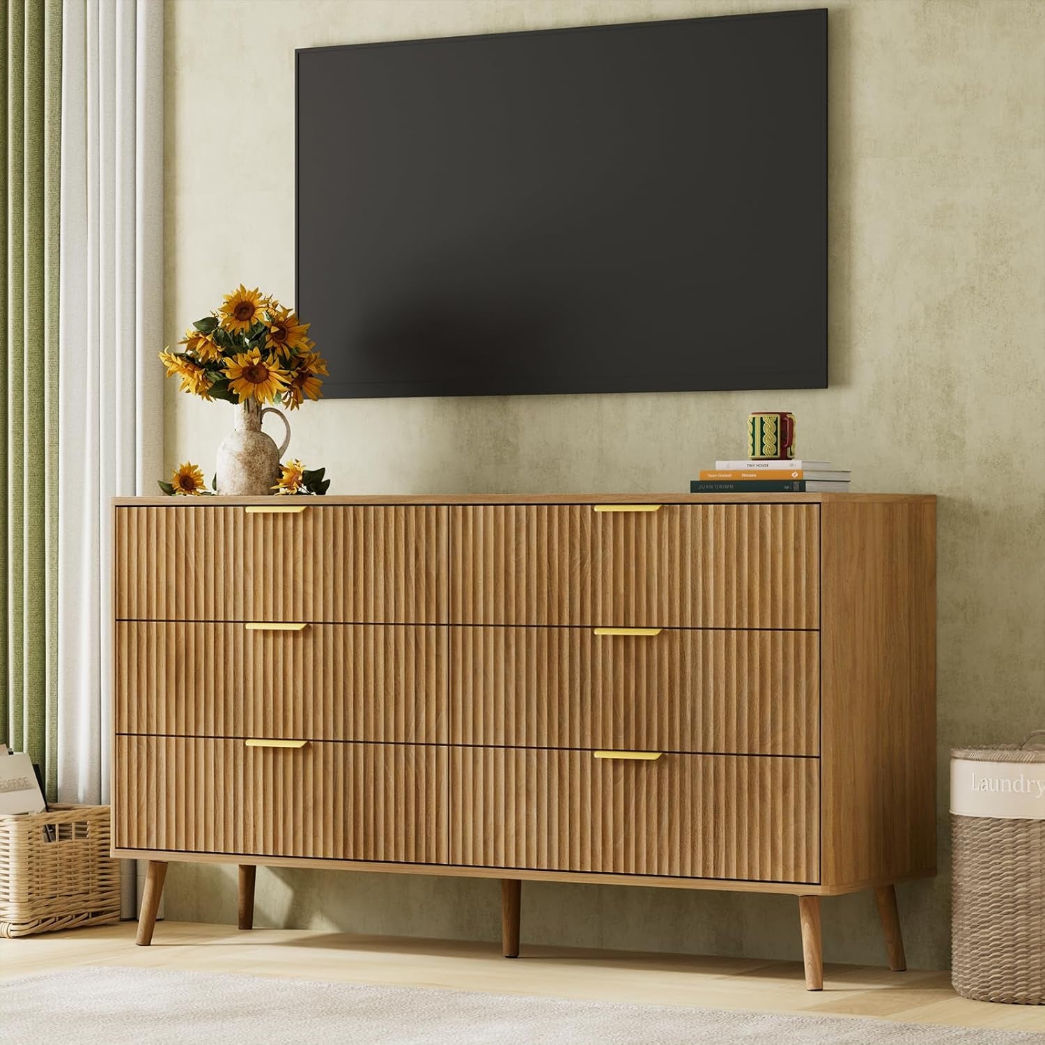 Fluted Dresser and Nightstand Set, 3 Pieces Bedroom Set, 55 Inch Wide 6-Drawer Dresser & 1-Drawer Nightstands Set of 2, Modern Dressers Set for Bedroom, Hallway, Natural Oak