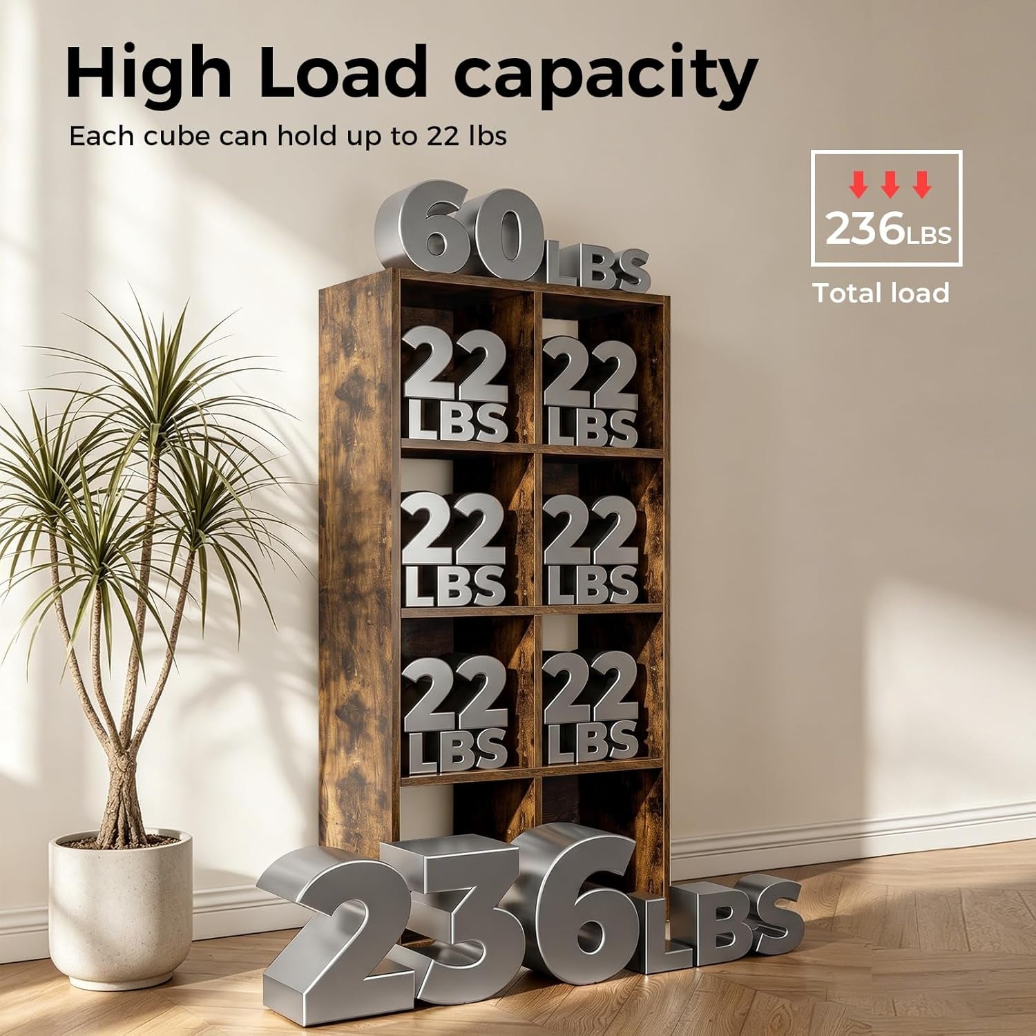 8-Cube Storage Organizer, Stackable Modular Bookcase Shelf with Vertical or Horizontal Use, Fits 11×11" Bins, Optional Back Panels, for Living Room, Office Rustic Brown