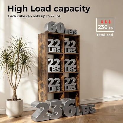 8-Cube Storage Organizer, Stackable Modular Bookcase Shelf with Vertical or Horizontal Use, Fits 11×11" Bins, Optional Back Panels, for Living Room, Office Rustic Brown