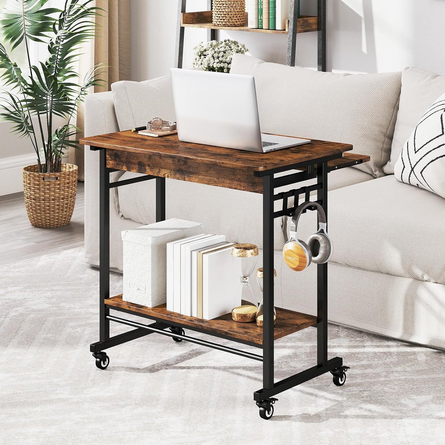 Rolling Computer Desk Cart with Keyboard Tray, Mobile Portable Laptop PC Desk with CPU Stand & 3 Hooks for Sofa & Bed, Industrial Small Desk on Wheels for Small Spaces, Home Office Desk