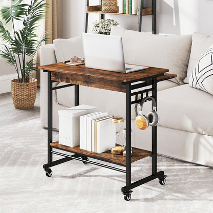 Rolling Computer Desk Cart with Keyboard Tray, Mobile Portable Laptop PC Desk with CPU Stand & 3 Hooks for Sofa & Bed, Industrial Small Desk on Wheels for Small Spaces, Home Office Desk