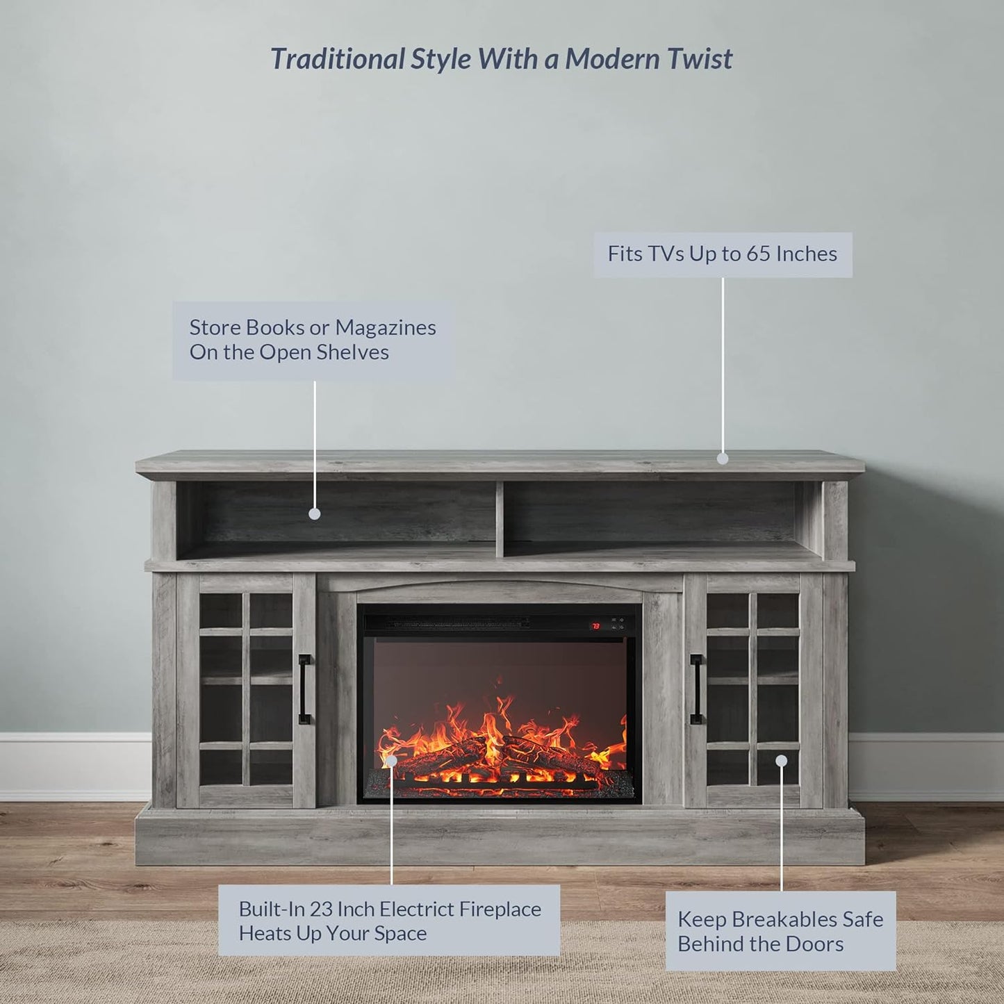 Traditional 58" Rustic TV Stand with 23" Electric Fireplace Heater with Sound, Media Entertainment Center Console Table for TV up to 65" with Open Storage Shelves and Cabinets - Grey Wash
