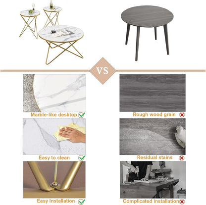 Modern round Coffee Table and Side Table Set of 3,End Table with Faux Marble Top and Gold Metal Frame, Side Table for Living Room, Bedroom, Sofa and Couch, Gold Legs, White Marble Top