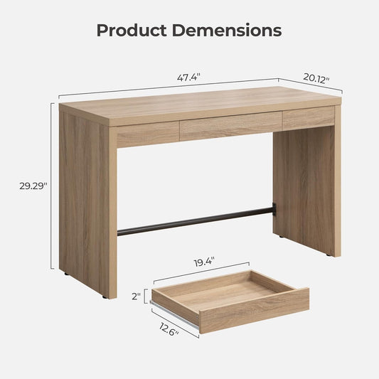 Computer Desk Writing Table - 47-Inch Wooden Study Desk for Bedroom, Farmhouse Home Office Desk with Drawer, Boho Makeup Vanity Table for Dormitory (Reclaimed Light Oak, 1 Piece)
