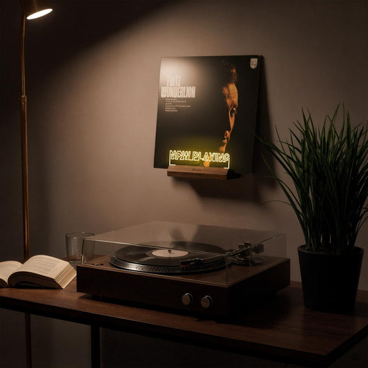 Light up Now Playing Vinyl Record Stand Wall Mount, Record Holder Wall with Adjustable Warm White Light, Wooden Acrylic Holder for Vinyl Album Display and Storage, Gifts for Music Lovers