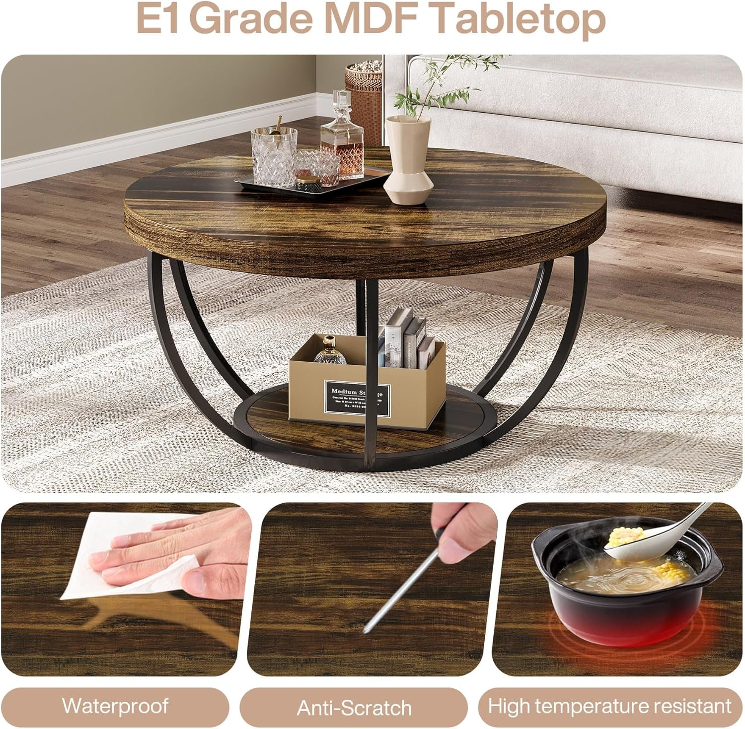 round Coffee Table, 31.7" Wooden 2-Tier Circle Coffee Table with Storage Shelves, Modern Accent Cocktail Table Center Table for Living Room, Rustic Brown