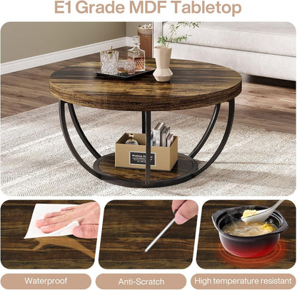 round Coffee Table, 31.7" Wooden 2-Tier Circle Coffee Table with Storage Shelves, Modern Accent Cocktail Table Center Table for Living Room, Rustic Brown
