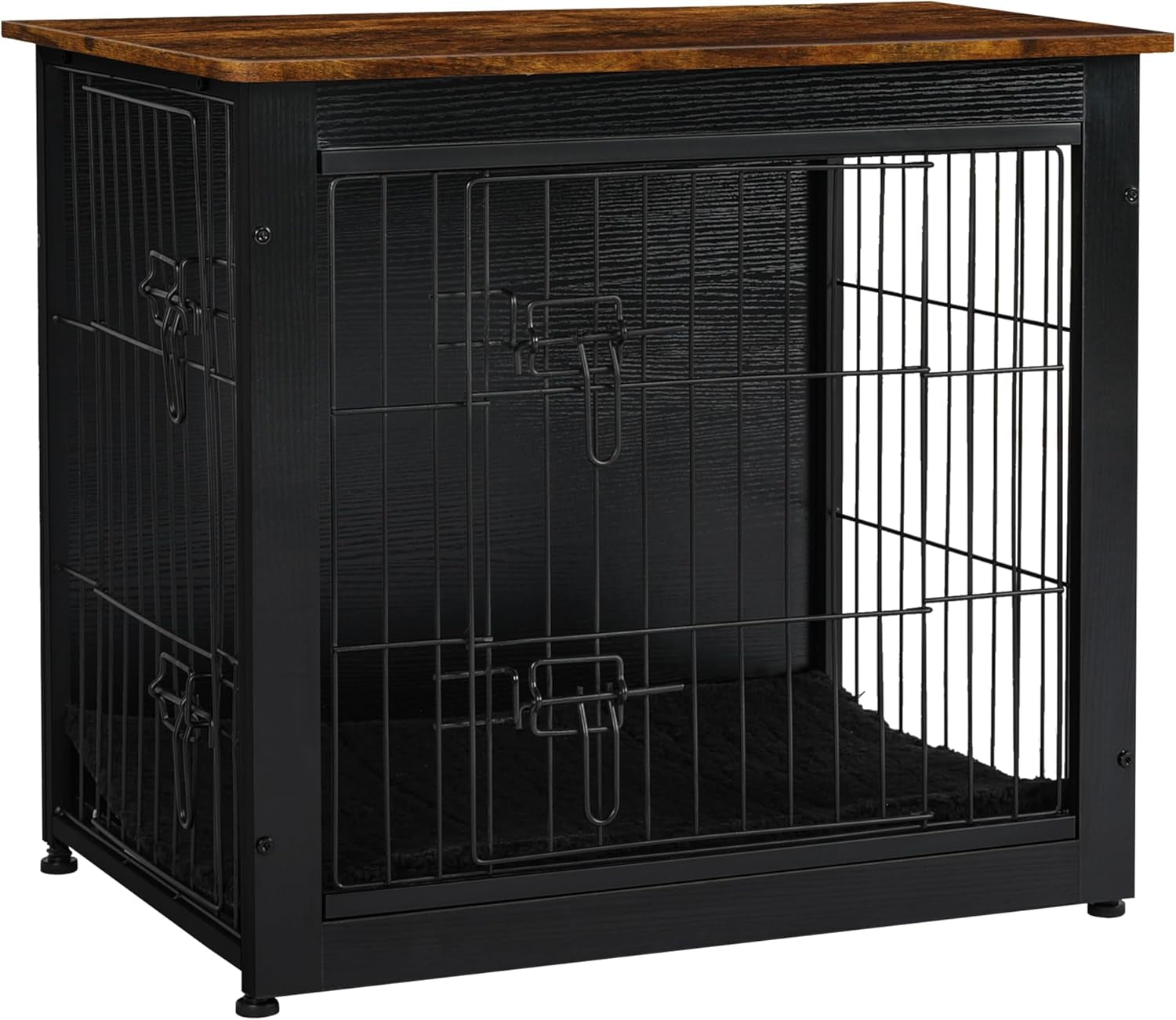 Dog Crate Furniture with Cushion, Wooden Kennel Table with Double Doors, Indoor Dog House, Small/Medium/Large Size, 27.2" L, Black+Rustic Brown